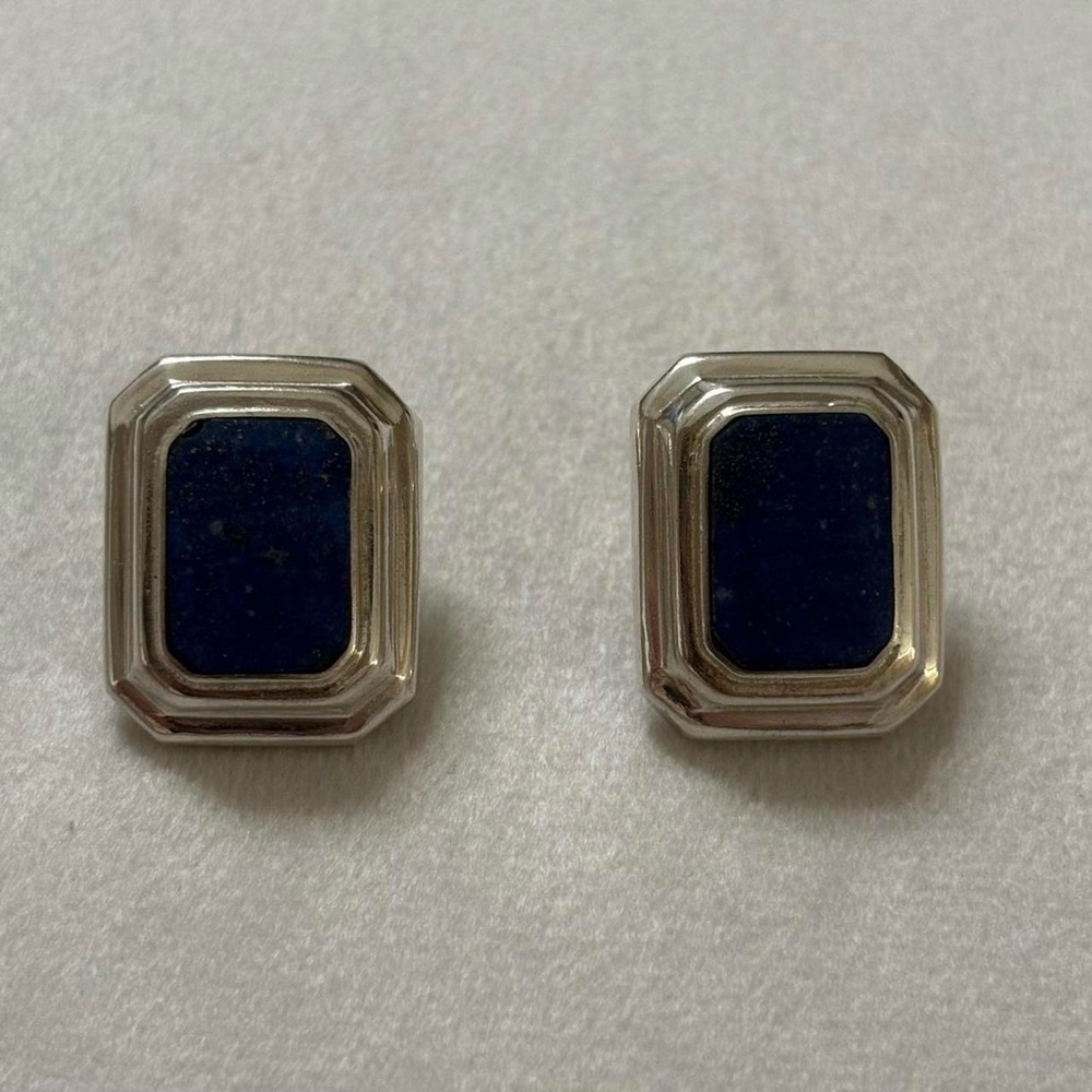 Vintage 925 Sterling Silver Lapis Lazuli Chunky Statement Clip On Earrings